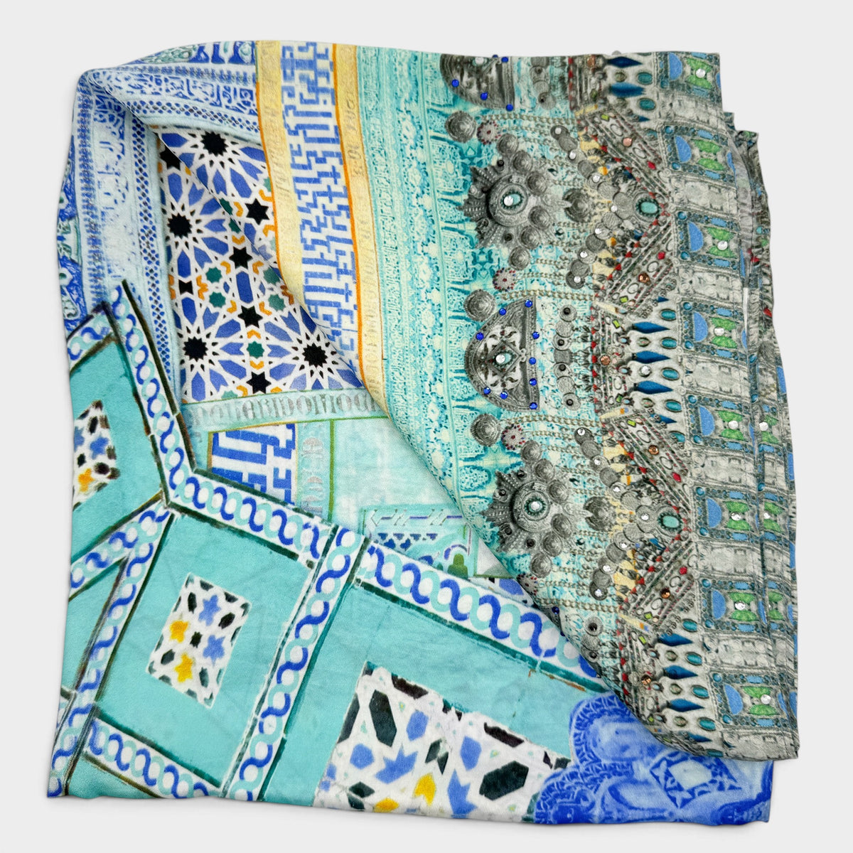 Camilla Turquoise Blue Mosaic Print Large Square Silk Scarf