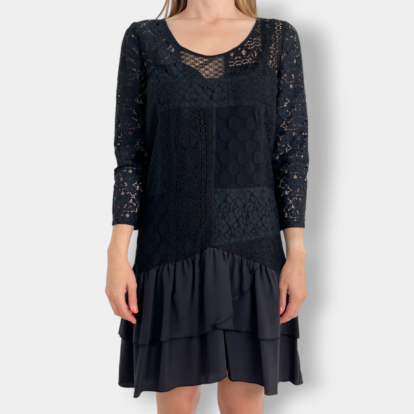 See by Chloé Black Lace & Silk Patch Shift Dress AU12 ~ US8 ~ Medium