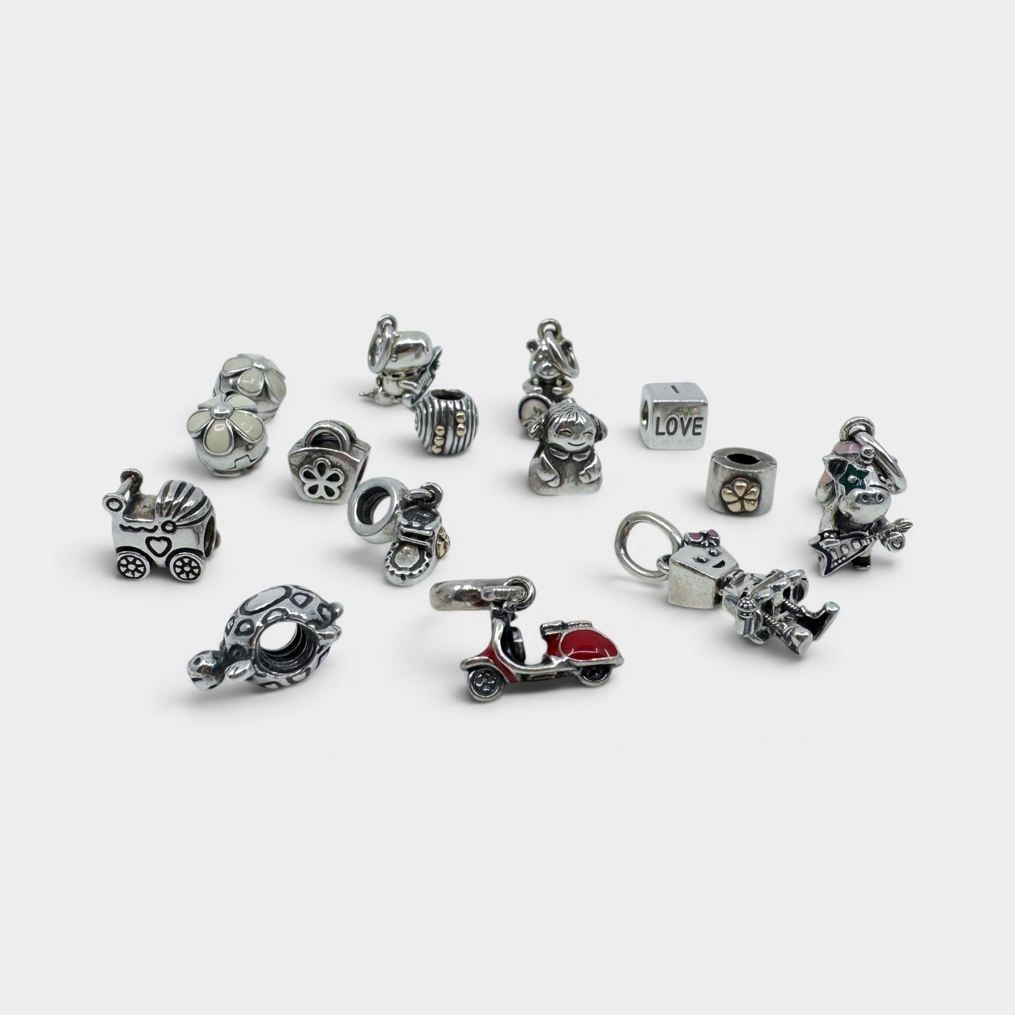 Pandora Collection Of 15 Authentic Silver Charms & Storage Box