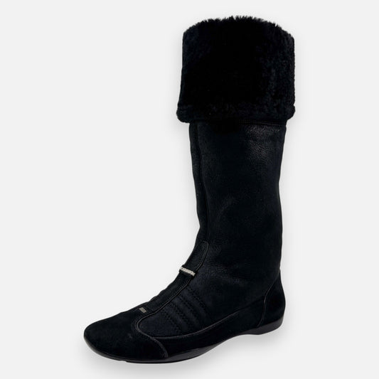 Bally Black Suede & Shearling Pull On Tall Boots EU37 ~ AU6.5