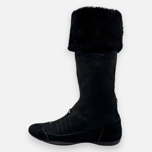 Bally Black Suede & Shearling Pull On Tall Boots EU37 ~ AU6.5