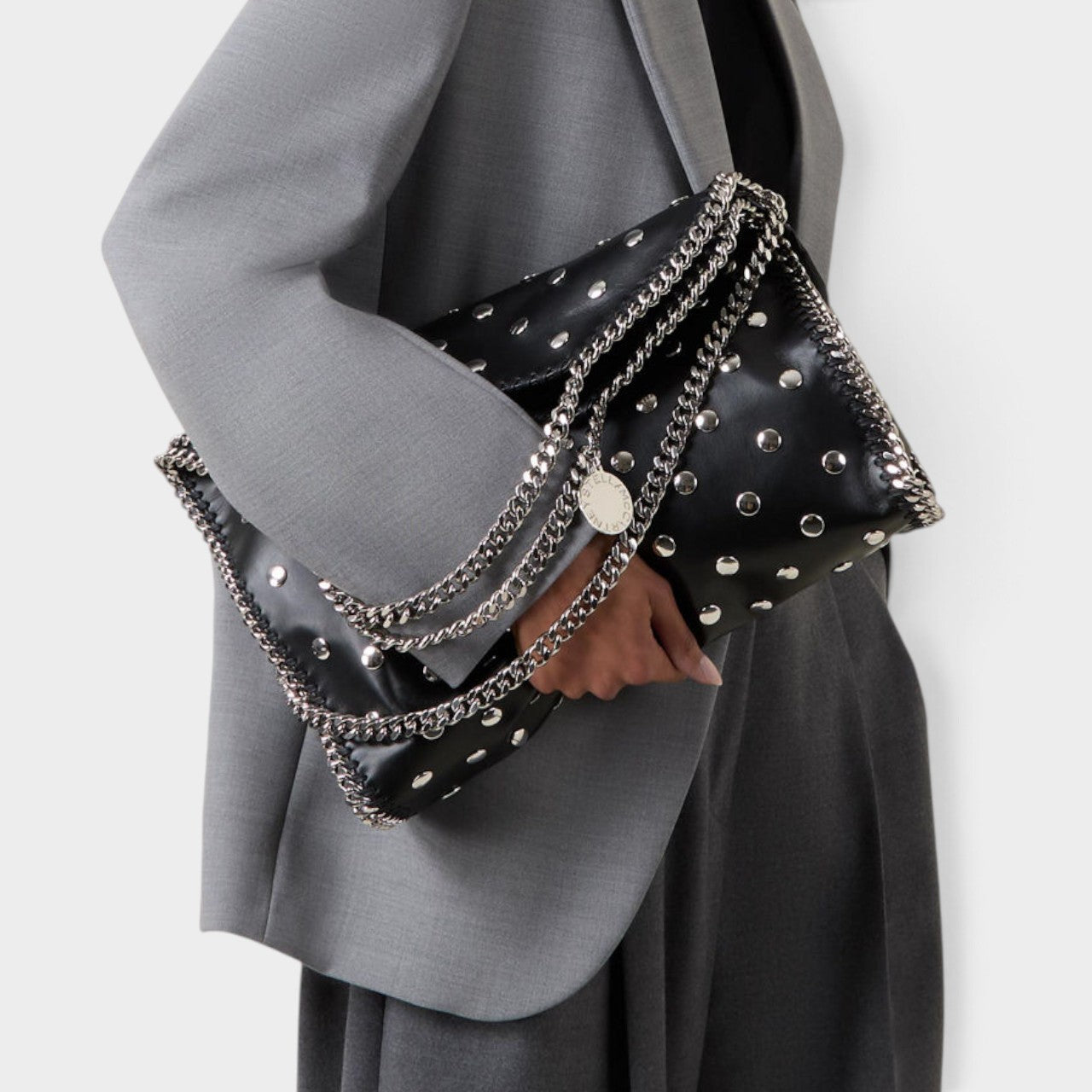 Stella McCartney Black Studded Falabella Fold Over Shoulder Tote Bag