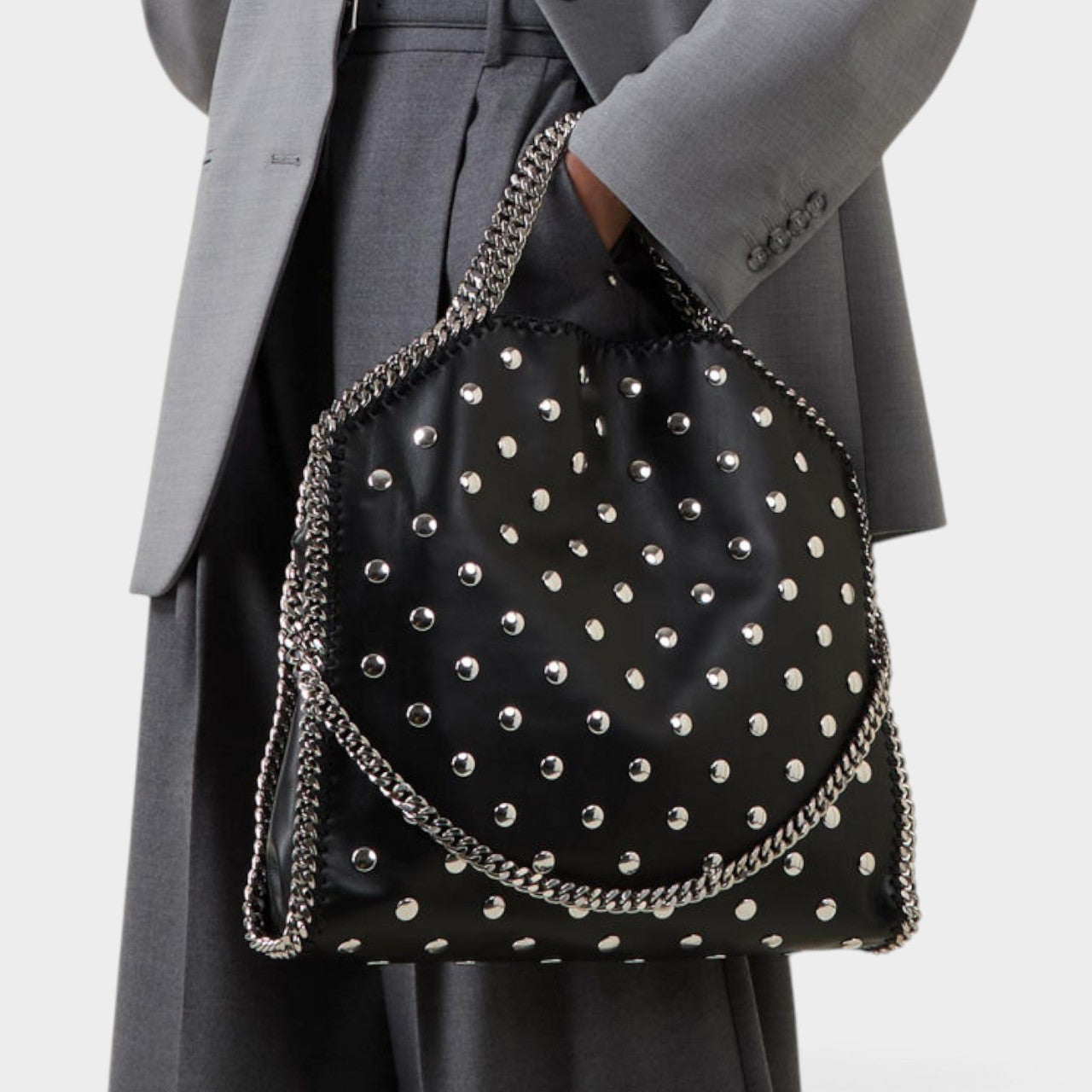 Stella McCartney Black Studded Falabella Fold Over Shoulder Tote Bag