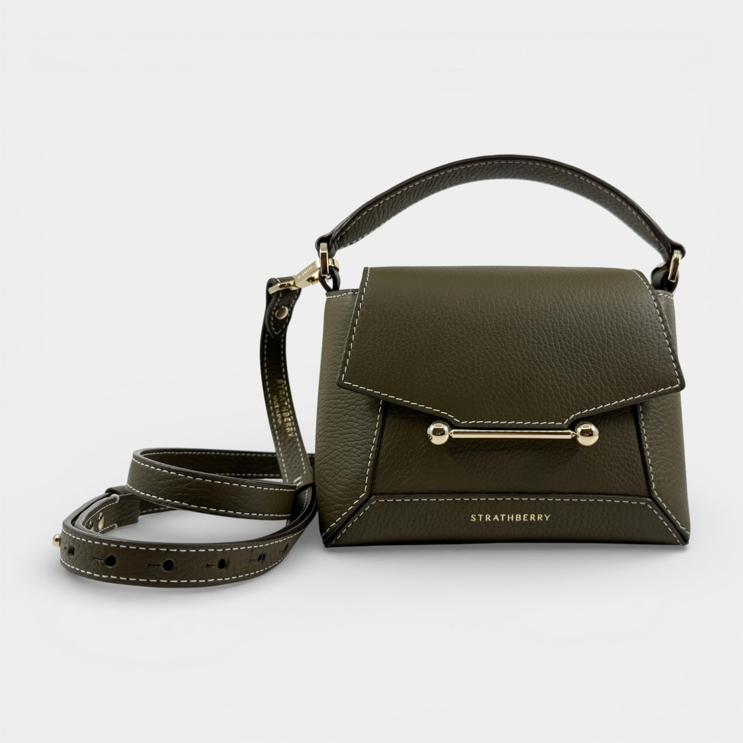 Strathberry Khaki Green Leather Mosaic Nano Crossbody Bag
