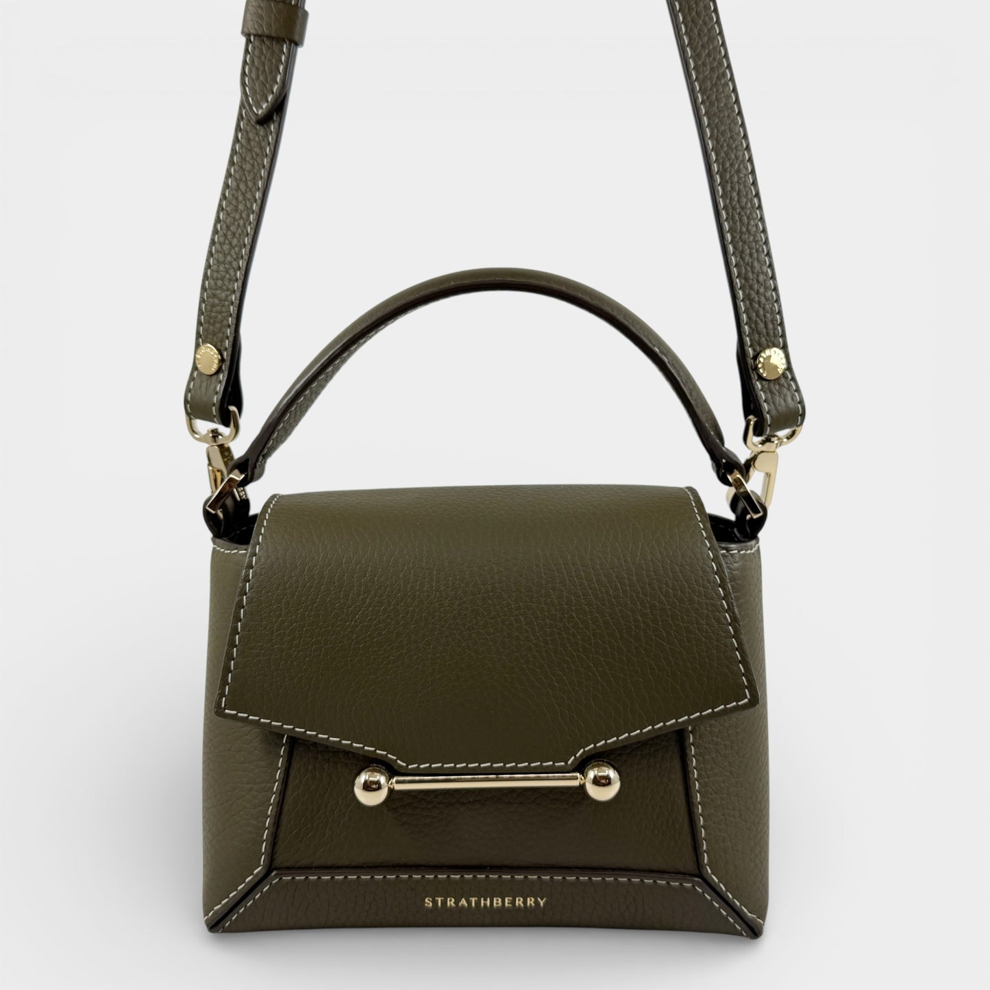 Strathberry Khaki Green Leather Mosaic Nano Crossbody Bag