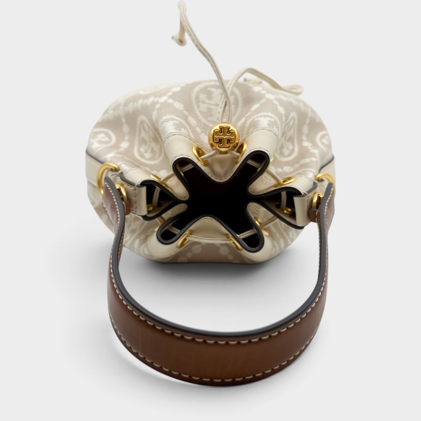 Tory Burch T Cream Leather Beige Jacquard Drawstring Bucket Bag