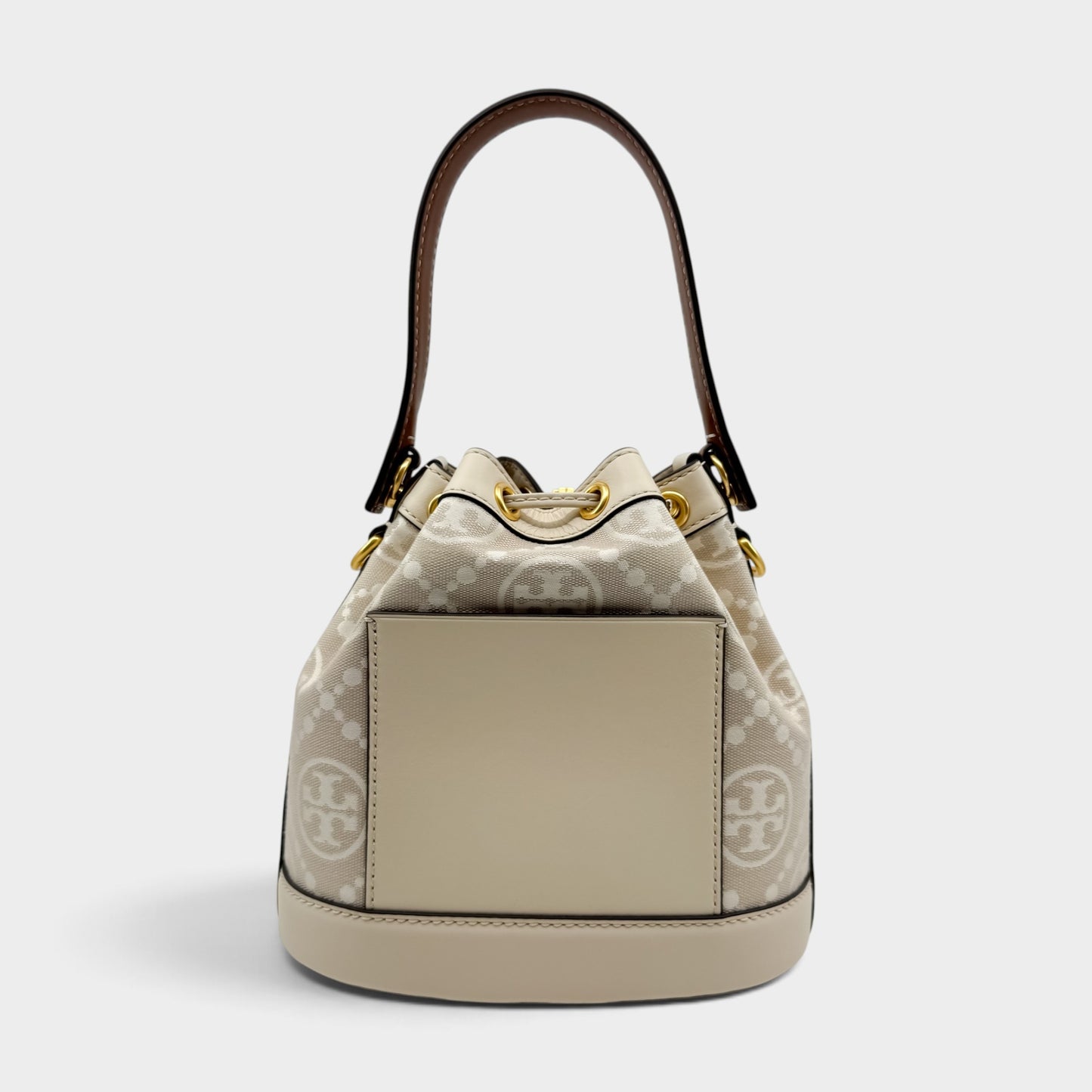Tory Burch T Cream Leather Beige Jacquard Drawstring Bucket Bag