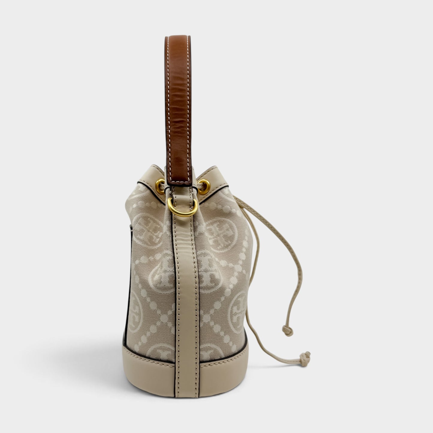 Tory Burch T Cream Leather Beige Jacquard Drawstring Bucket Bag
