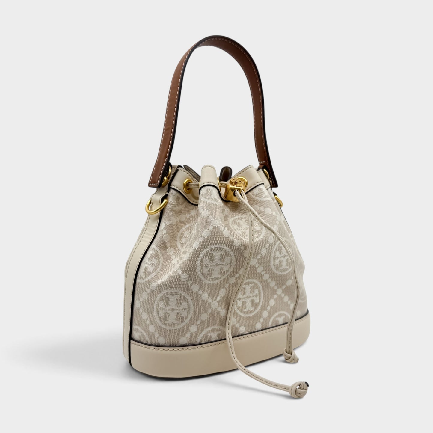 Tory Burch T Cream Leather Beige Jacquard Drawstring Bucket Bag