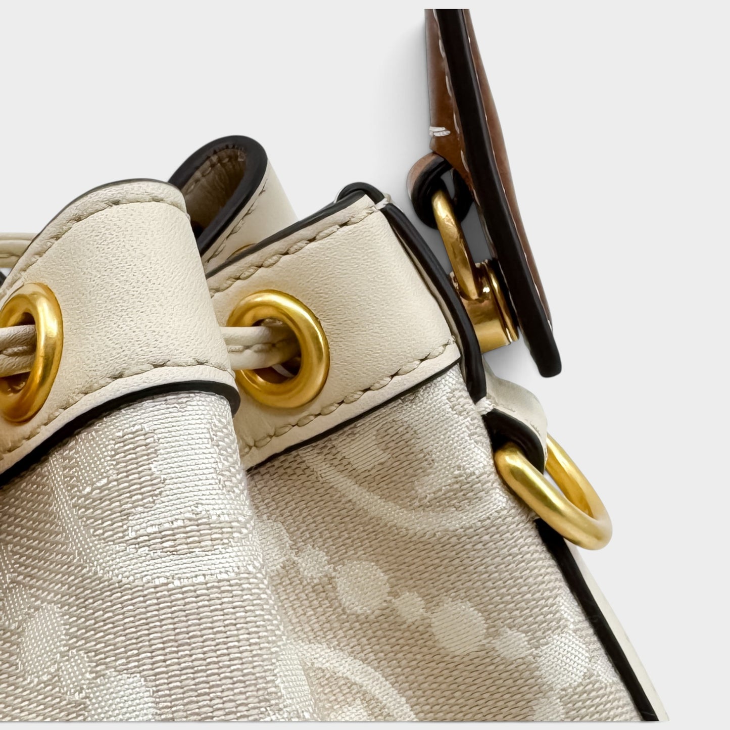 Tory Burch T Cream Leather Beige Jacquard Drawstring Bucket Bag