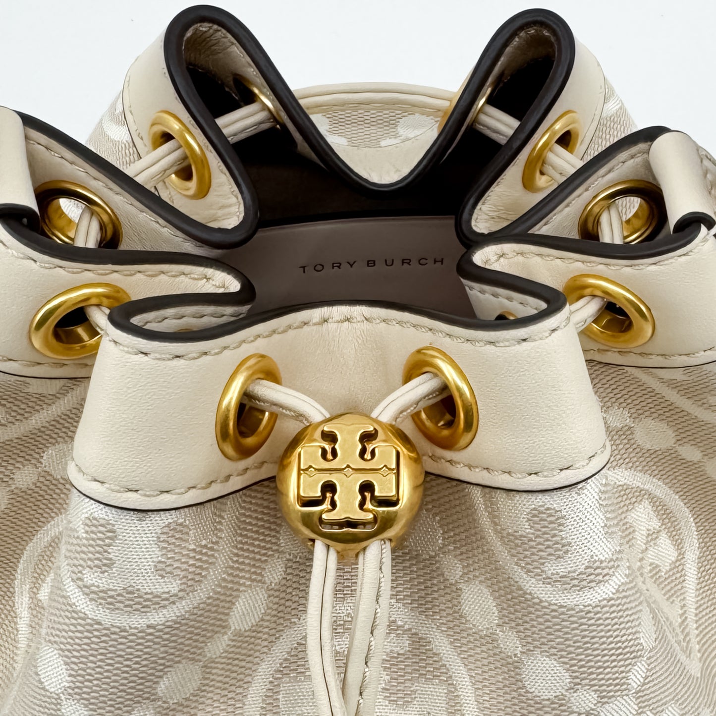 Tory Burch T Cream Leather Beige Jacquard Drawstring Bucket Bag
