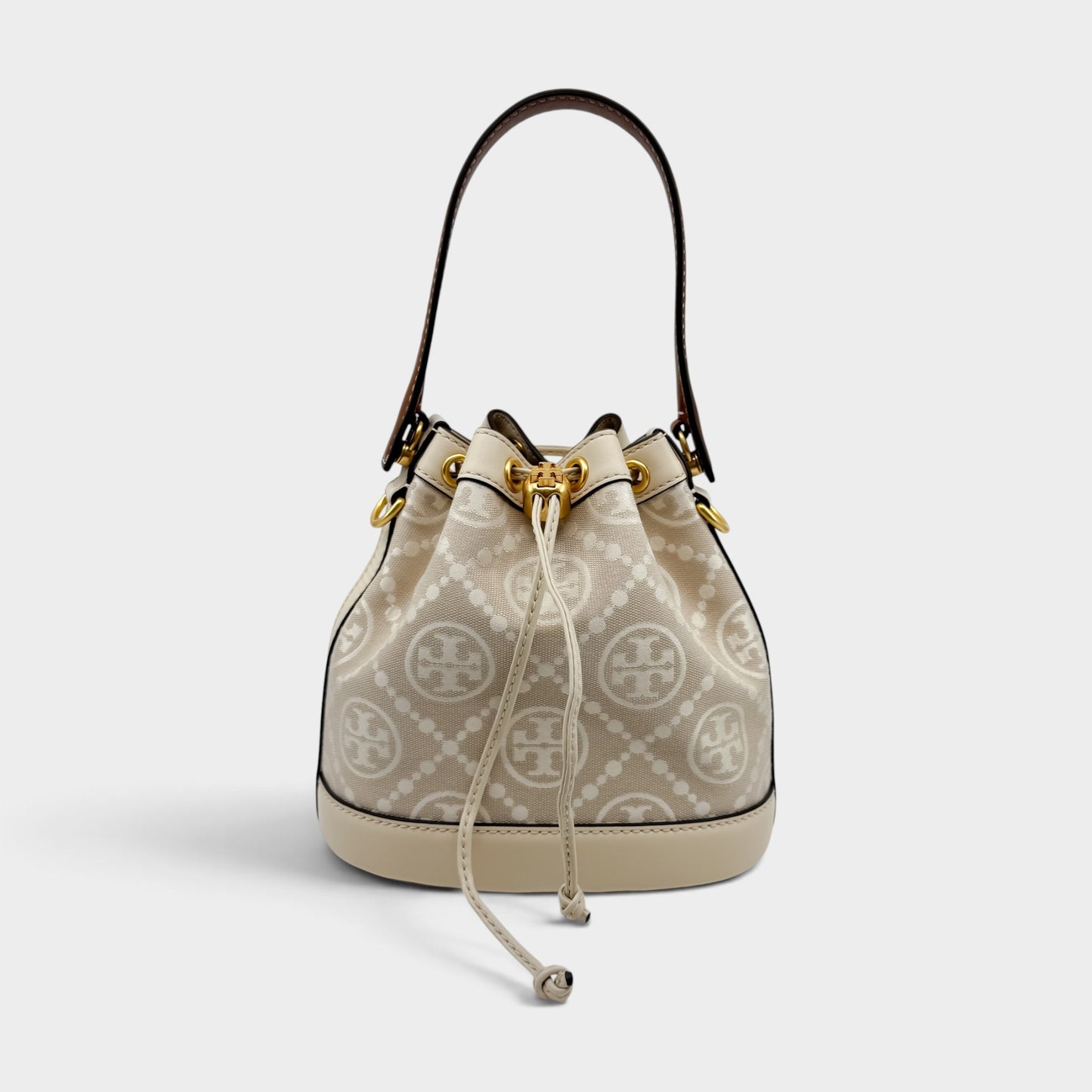 Tory Burch T Cream Leather Beige Jacquard Drawstring Bucket Bag
