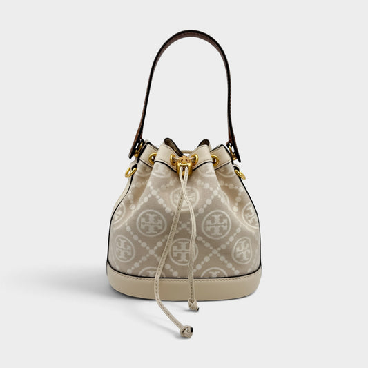Tory Burch T Cream Leather Beige Jacquard Drawstring Bucket Bag
