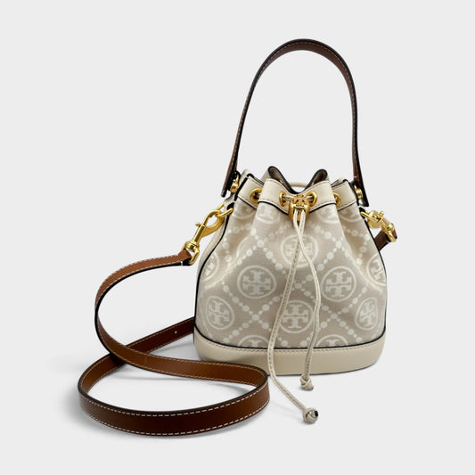 Tory Burch T Cream Leather Beige Jacquard Drawstring Bucket Bag