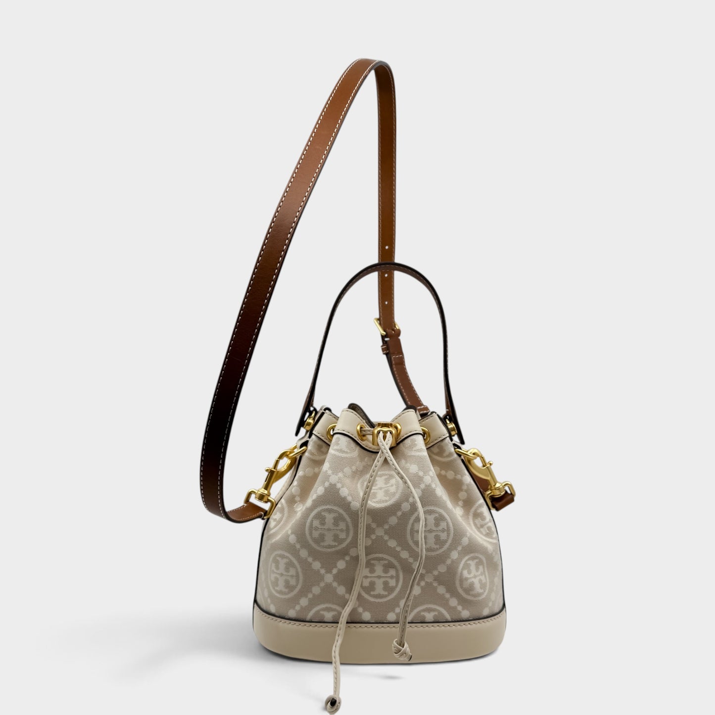 Tory Burch T Cream Leather Beige Jacquard Drawstring Bucket Bag