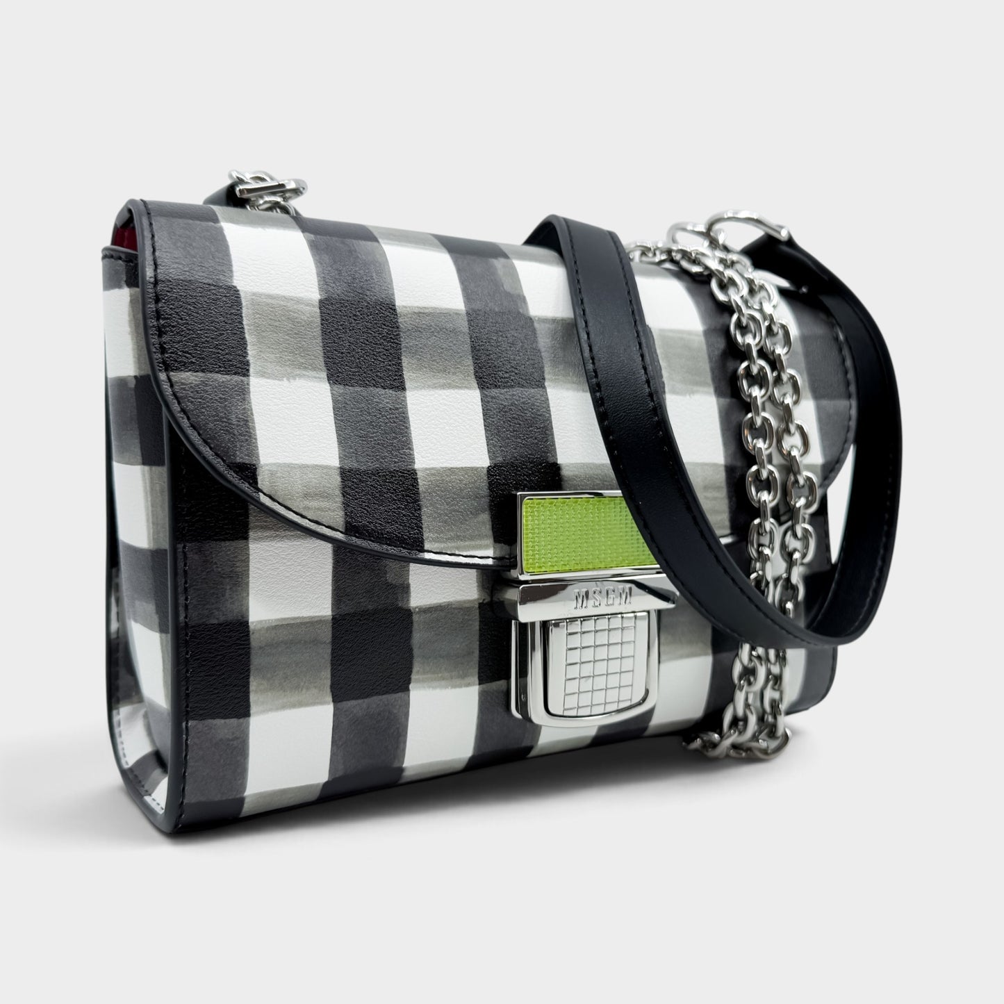 MSGM Black White Check Faux Leather Crossbody Bag