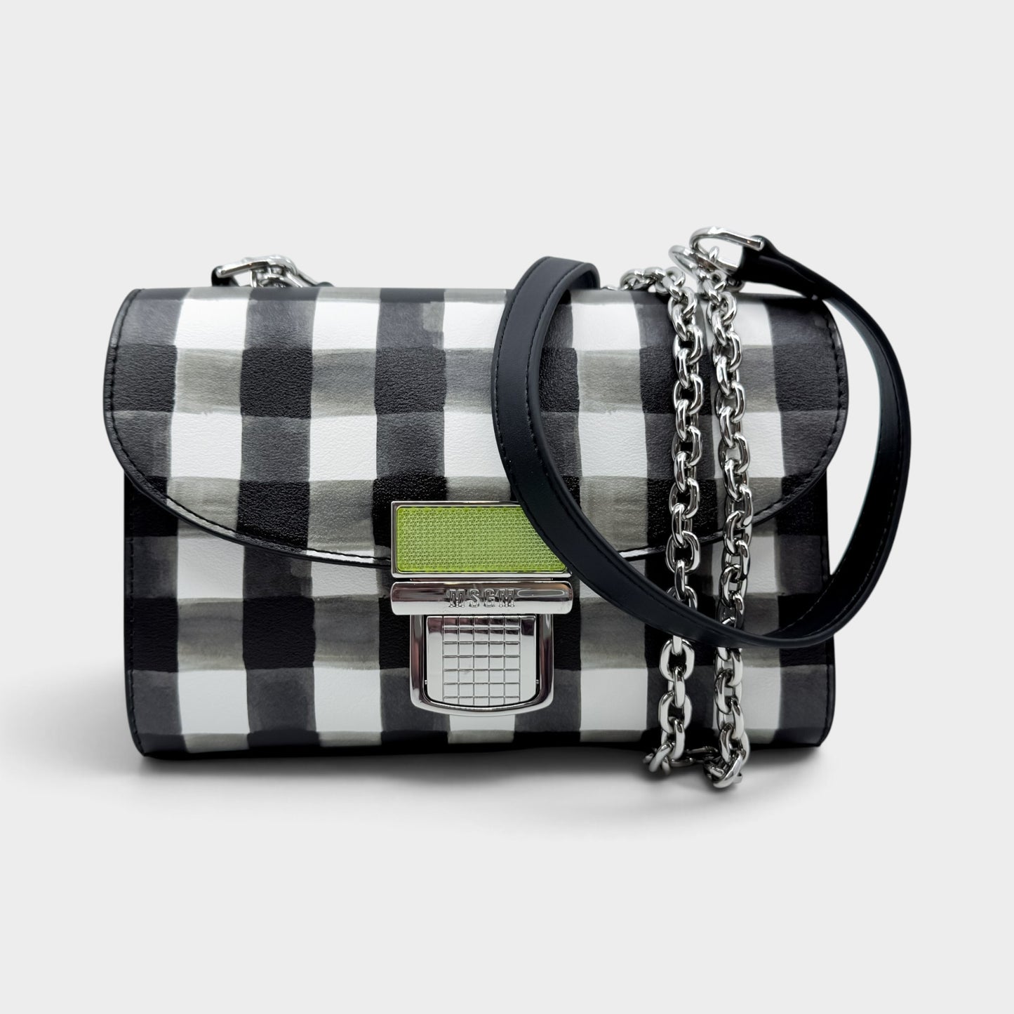 MSGM Black White Check Faux Leather Crossbody Bag