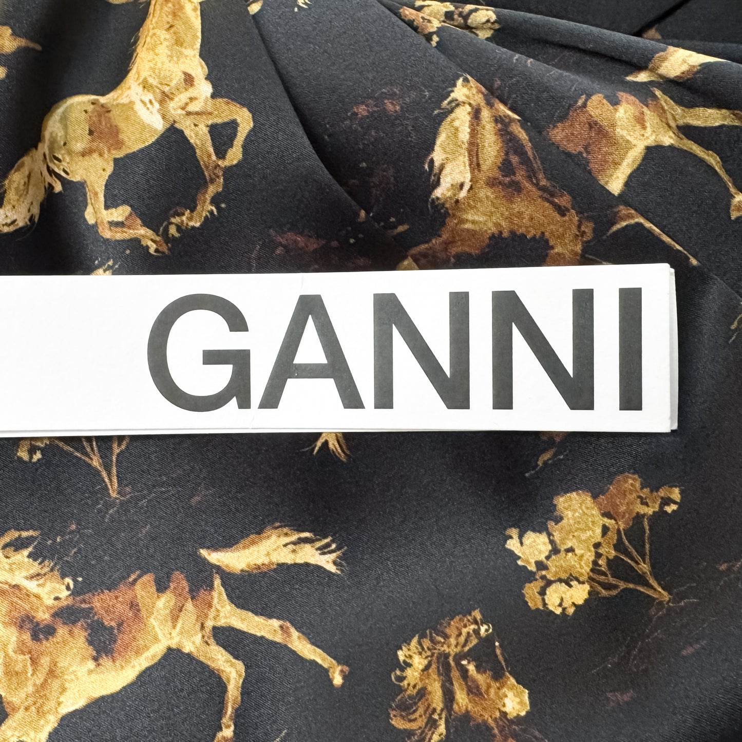 Ganni Black & Gold Horse Print Stretch Silk Midi Dress EU44 ~ AU12-14 [NEW]