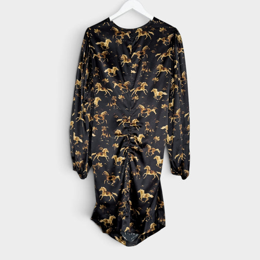 Ganni Black & Gold Horse Print Stretch Silk Midi Dress EU44 ~ AU12-14 [NEW]
