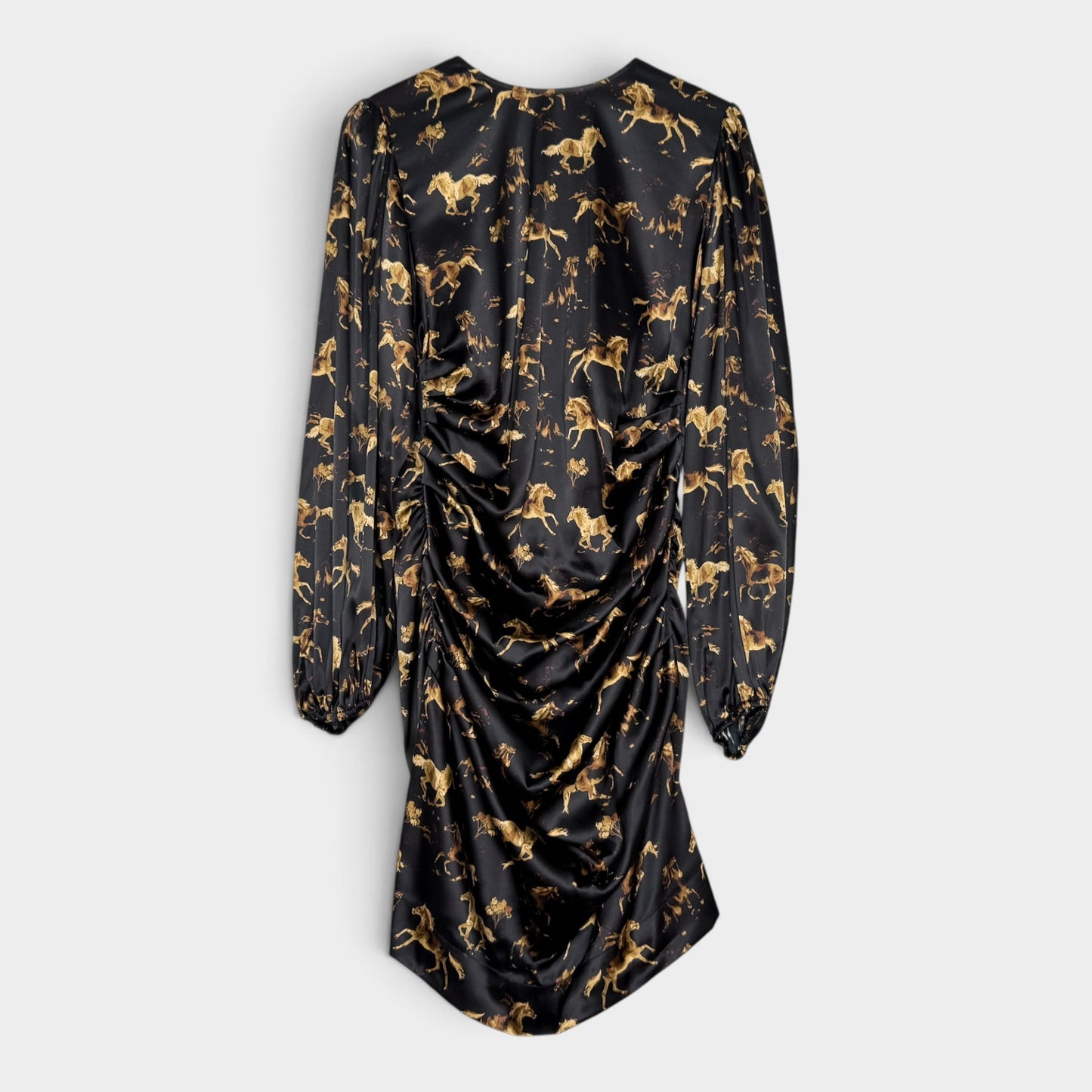 Ganni Black & Gold Horse Print Stretch Silk Midi Dress EU44 ~ AU12-14 [NEW]