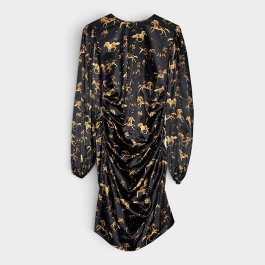 Ganni Black & Gold Horse Print Stretch Silk Midi Dress EU44 ~ AU12-14 [NEW]