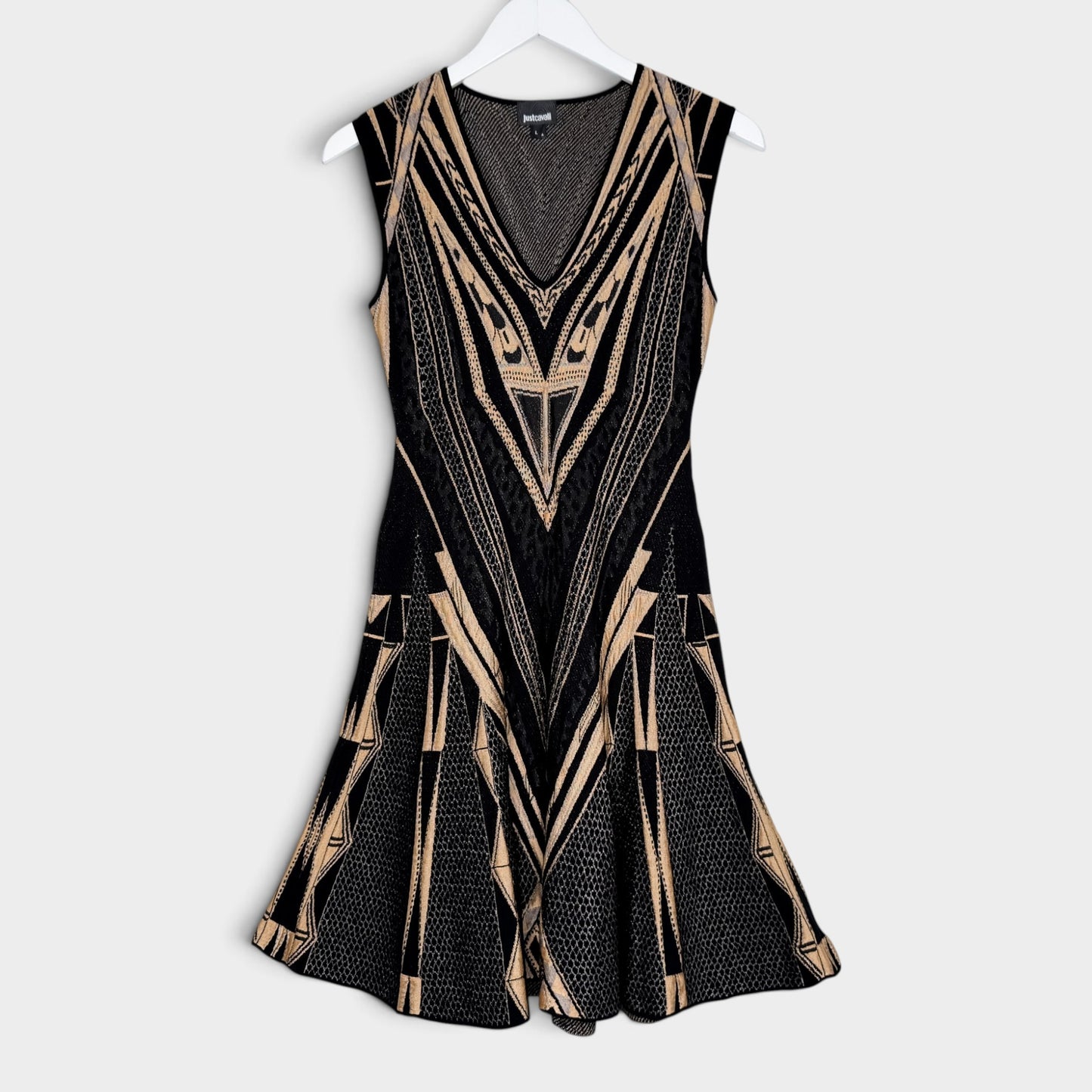 Just Cavalli Black Bronze Jacquard Fit Flare Dress Large ~ AU10
