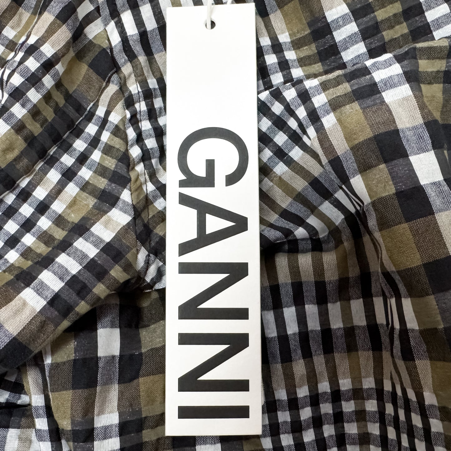 Ganni Black Olive Check Seersucker V-Neck Dress EU42 ~ AU12-14 [NEW]