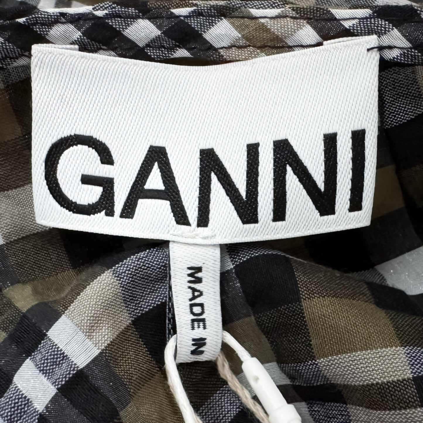 Ganni Black Olive Check Seersucker V-Neck Dress EU42 ~ AU12-14 [NEW]