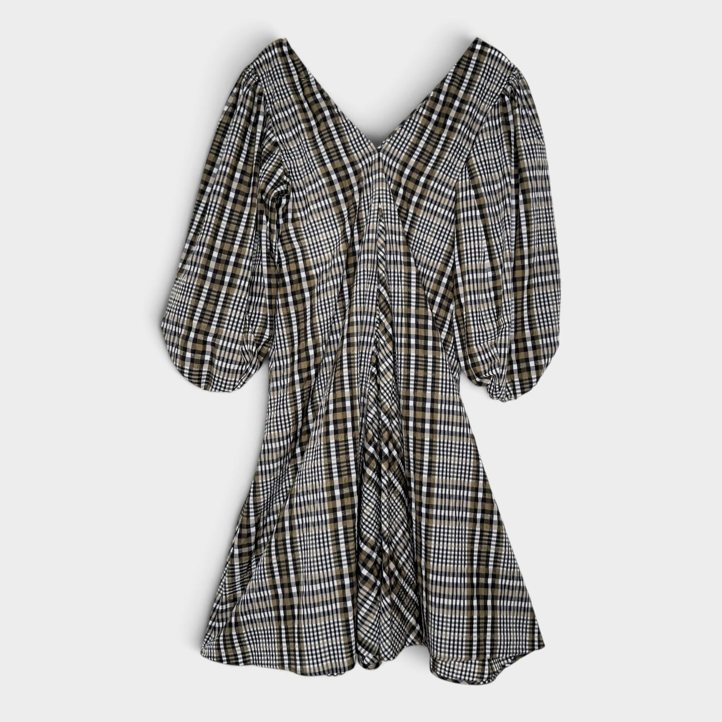 Ganni Black Olive Check Seersucker V-Neck Dress EU42 ~ AU12-14 [NEW]