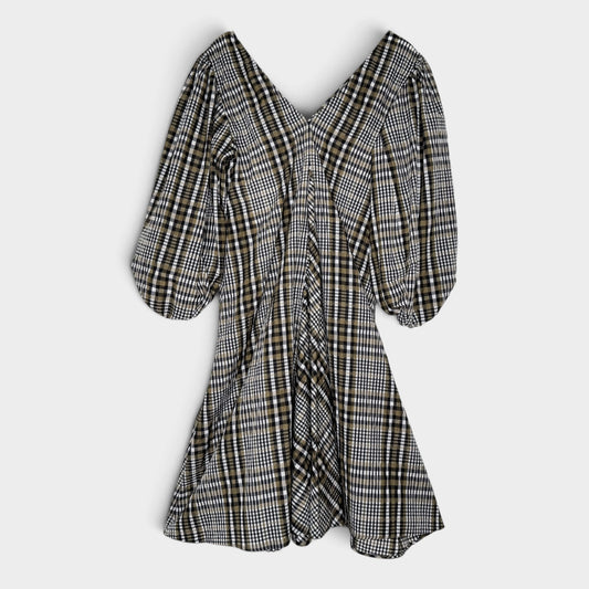 Ganni Black Olive Check Seersucker V-Neck Dress EU42 ~ AU12-14 [NEW]