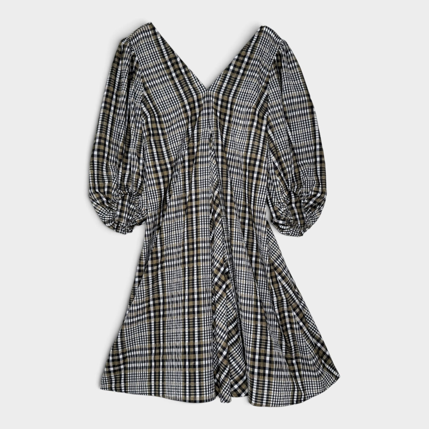Ganni Black Olive Check Seersucker V-Neck Dress EU42 ~ AU12-14 [NEW]
