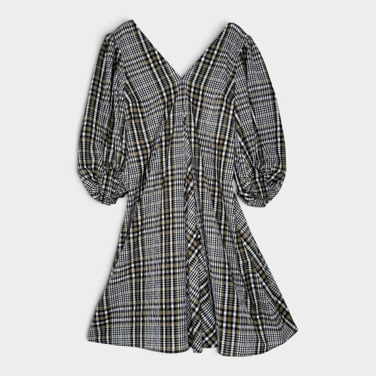 Ganni Black Olive Check Seersucker V-Neck Dress EU42 ~ AU12-14 [NEW]