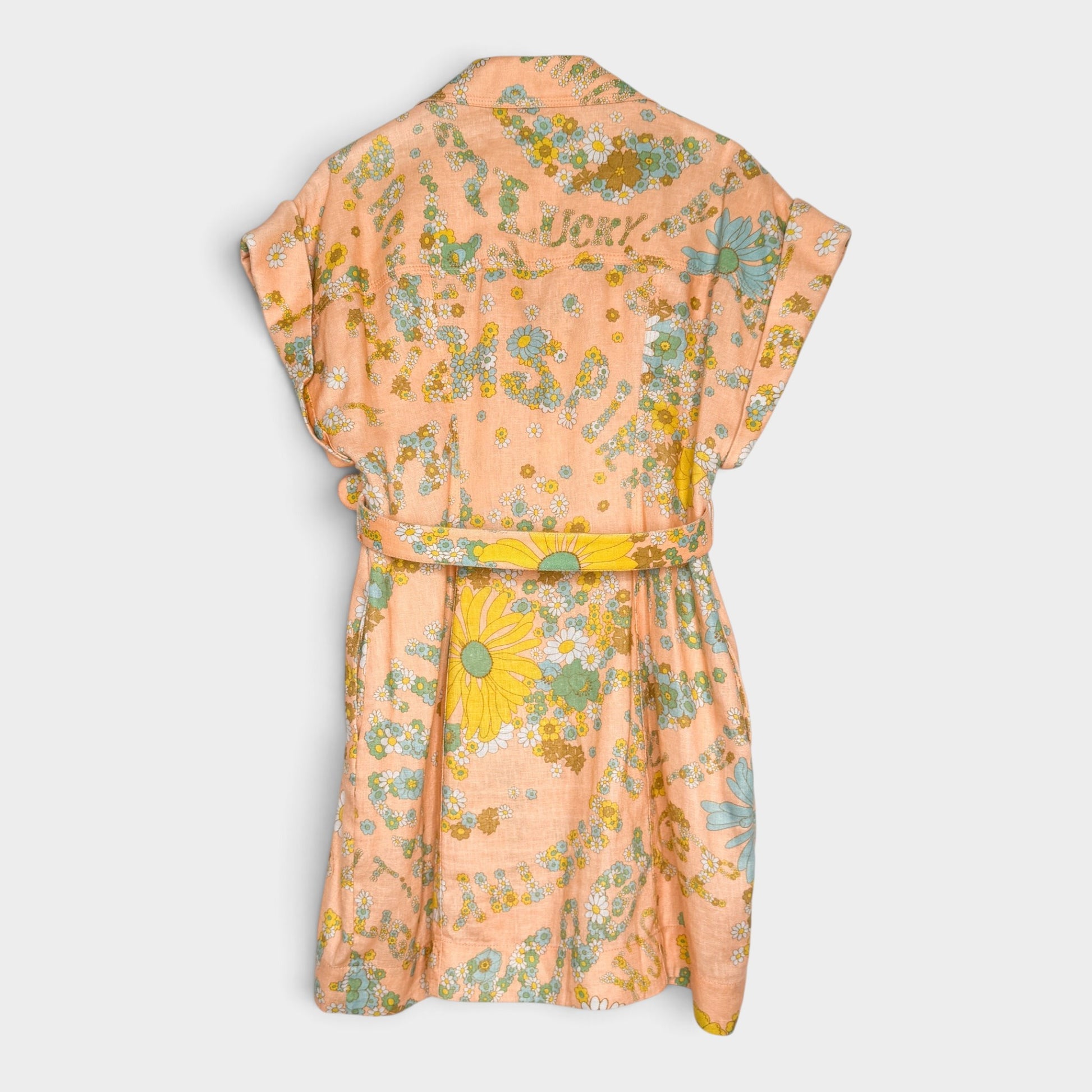 Back view of a Studio61 Preloved Boutique Sydney Zimmermann peach pink linen dress with a vintage floral print.