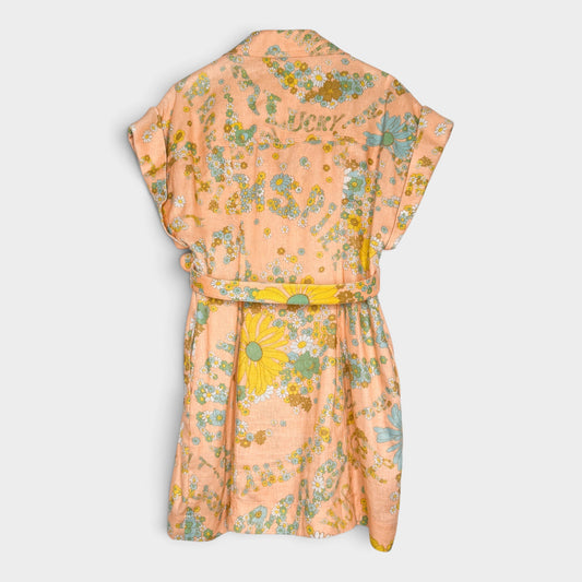 Back view of a Studio61 Preloved Boutique Sydney Zimmermann peach pink linen dress with a vintage floral print.