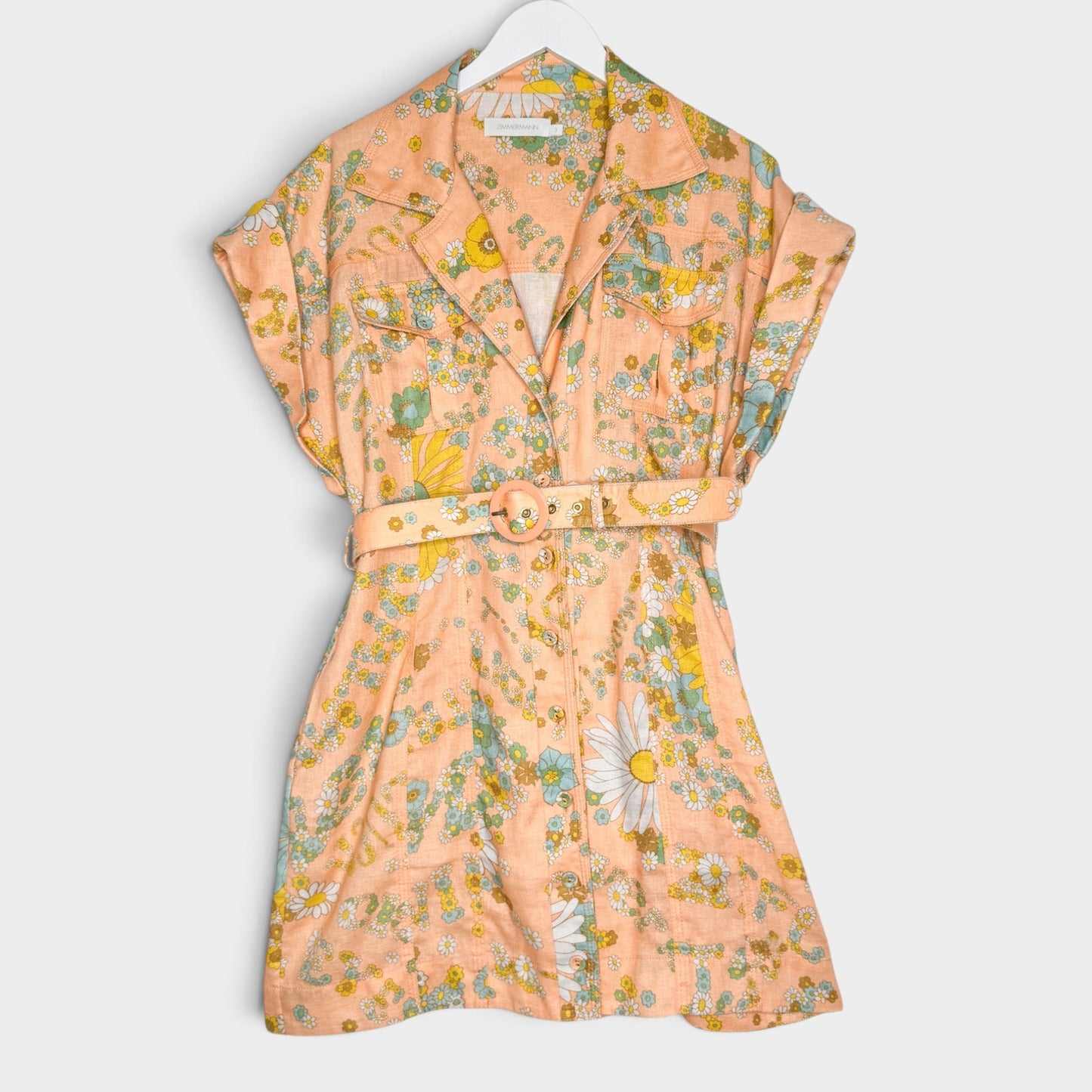 Studio61 Preloved Boutique Sydney Zimmermann peach pink floral linen mini dress with a matching waist belt.