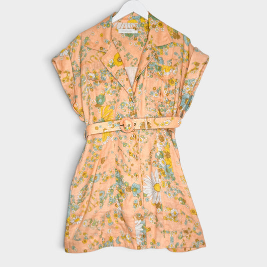 Studio61 Preloved Boutique Sydney Zimmermann peach pink floral linen mini dress with a matching waist belt.