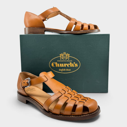Church's England Tan Woven Leather Kelsey Flat Sandals Shoes EU38.5 ~ AU7.5 [NEW]