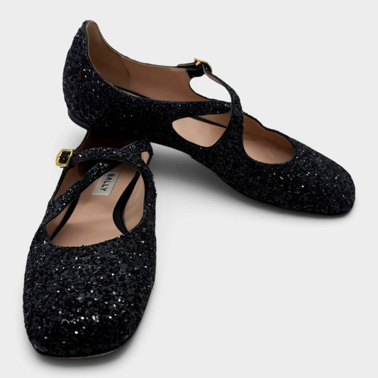 Bally Ballyrina Black Glitter Mary Jane Shoes Flat EU38.5 ~ AU7.5