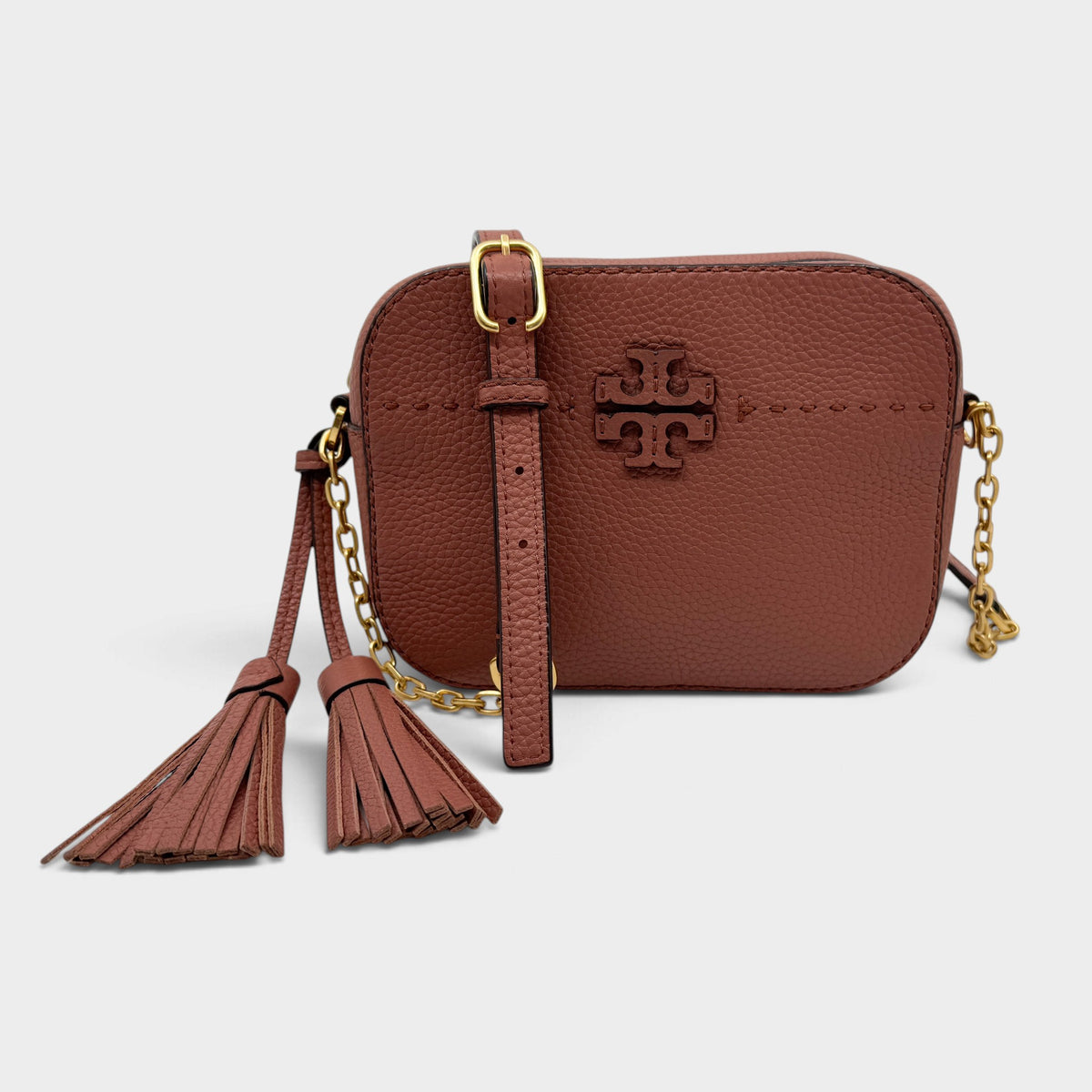 Tory Burch McGraw Terracotta Rust Pebbled Leather Double T Camera Crossbody Bag