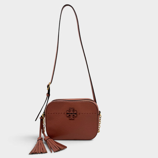 Tory Burch McGraw Terracotta Rust Pebbled Leather Double T Camera Crossbody Bag