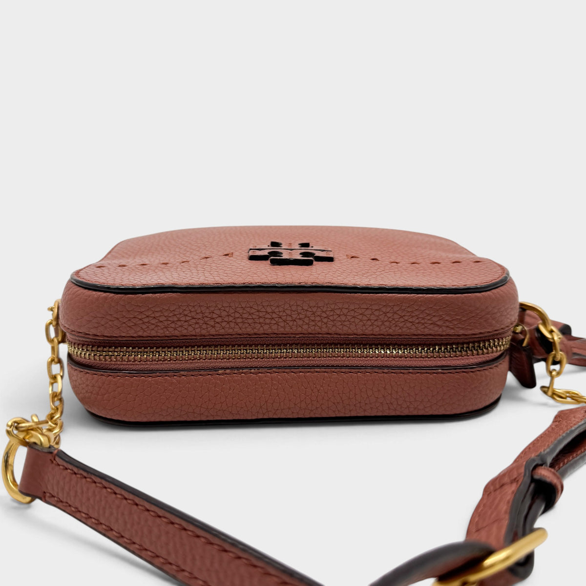 Tory Burch McGraw Terracotta Rust Pebbled Leather Double T Camera Crossbody Bag