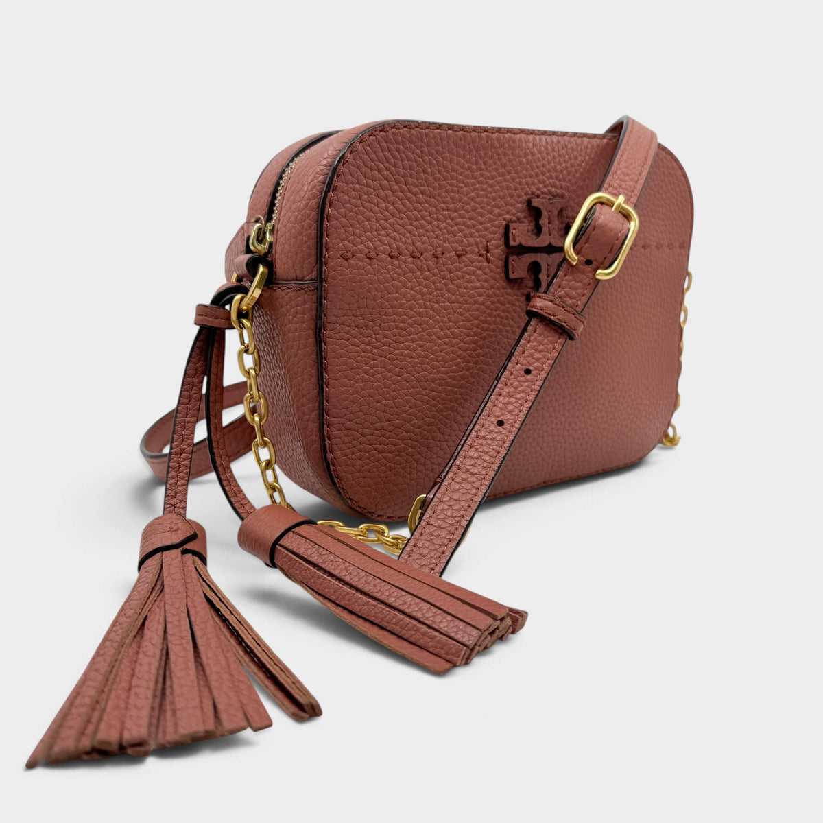 Tory Burch McGraw Terracotta Rust Pebbled Leather Double T Camera Crossbody Bag