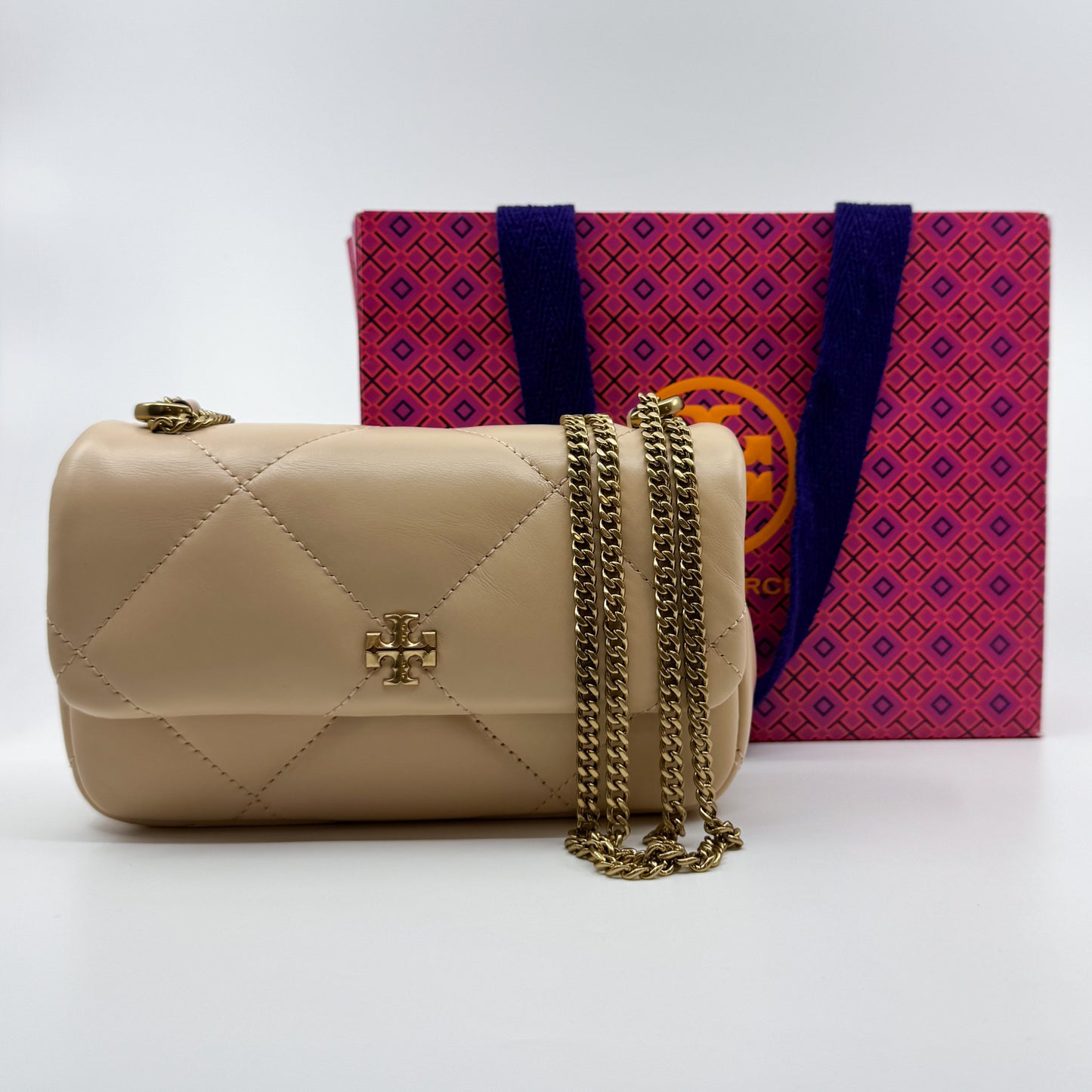 Tory Burch Apricot Leather Kira Diamond Quilt Mini Flap Bag [NEW]