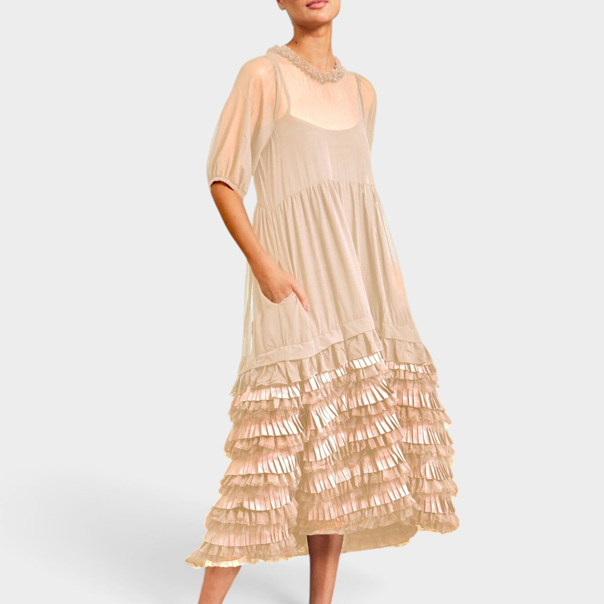 Trelise Cooper Blush Pink Shimmer Of Hope Silk Blend Frill Ruffle Dress AU12 ~ Medium