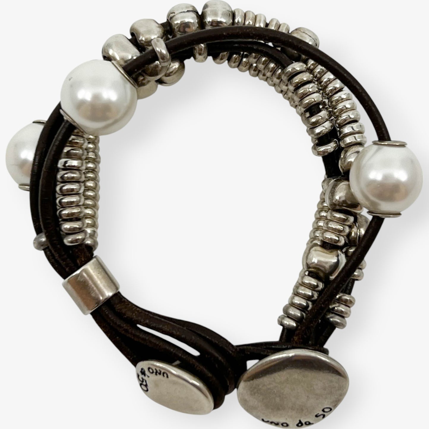 UNOde50 Handmade, Leather, Silver & Pearl Beaded Bracelet