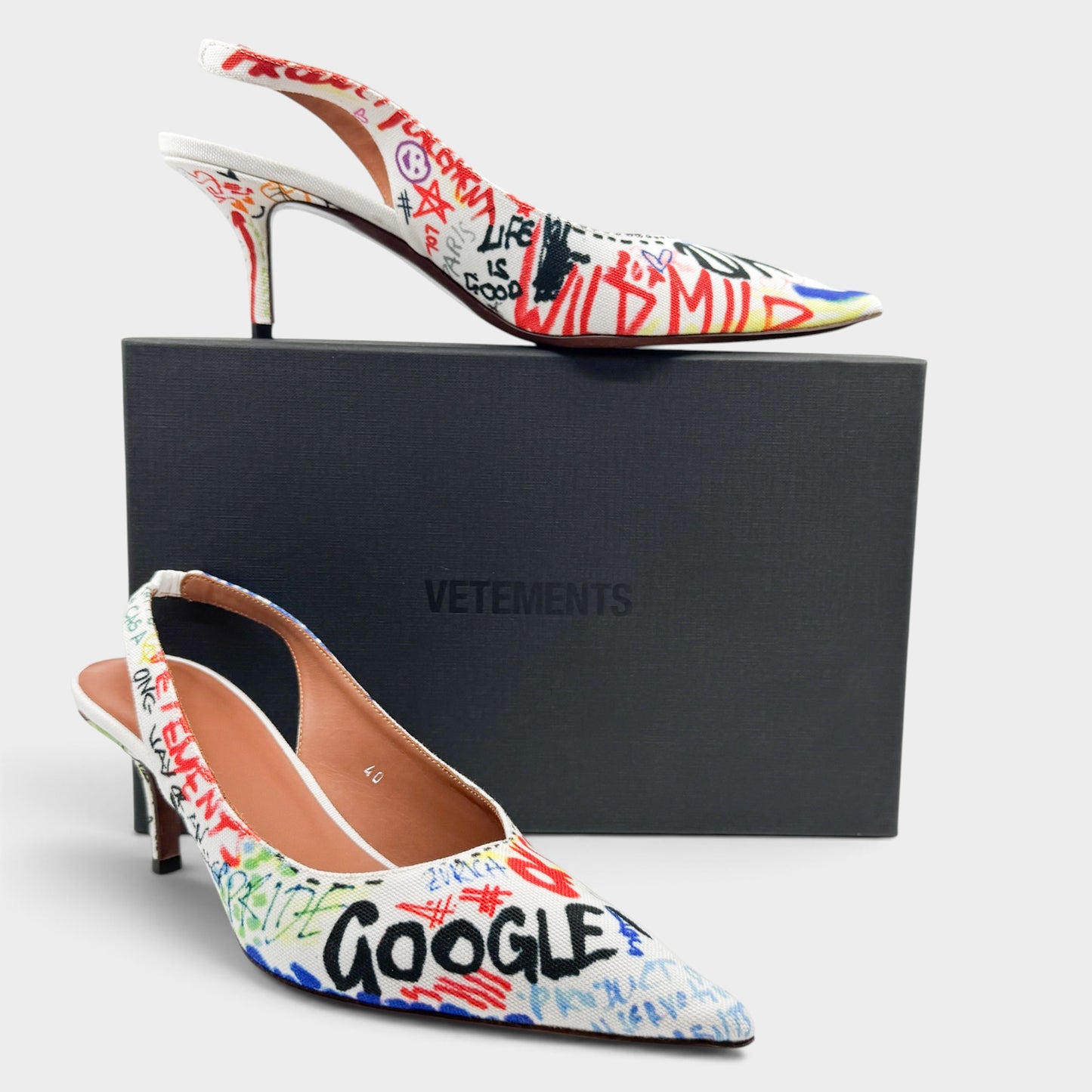 Vetements Multicoloured Graffiti Canvas Slingback Kitten Heel Shoes EU40 ~ AU9