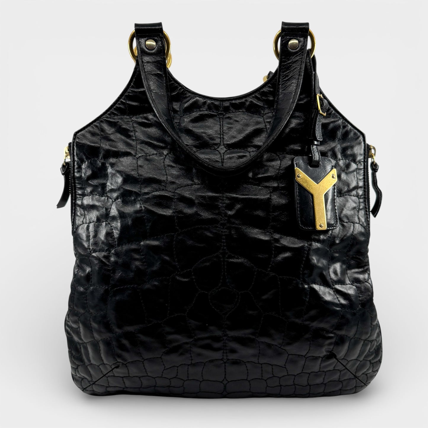 YSL Vintage Black Croc Quilted Y2K Leather Tribute Tote Bag