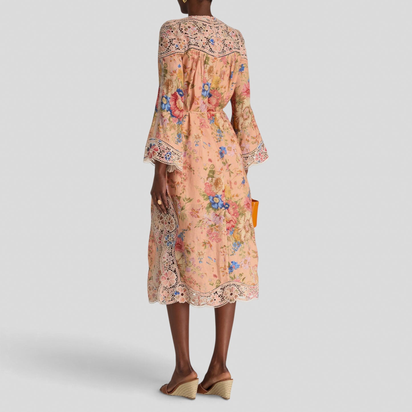 Zimmermann Pink Peach Floral Linen Broderie Midi Dress Size 1 ~ AU8-10