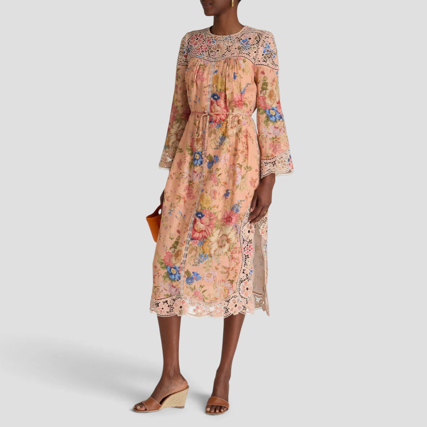 Zimmermann Pink Peach Floral Linen Broderie Midi Dress Size 1 ~ AU8-10