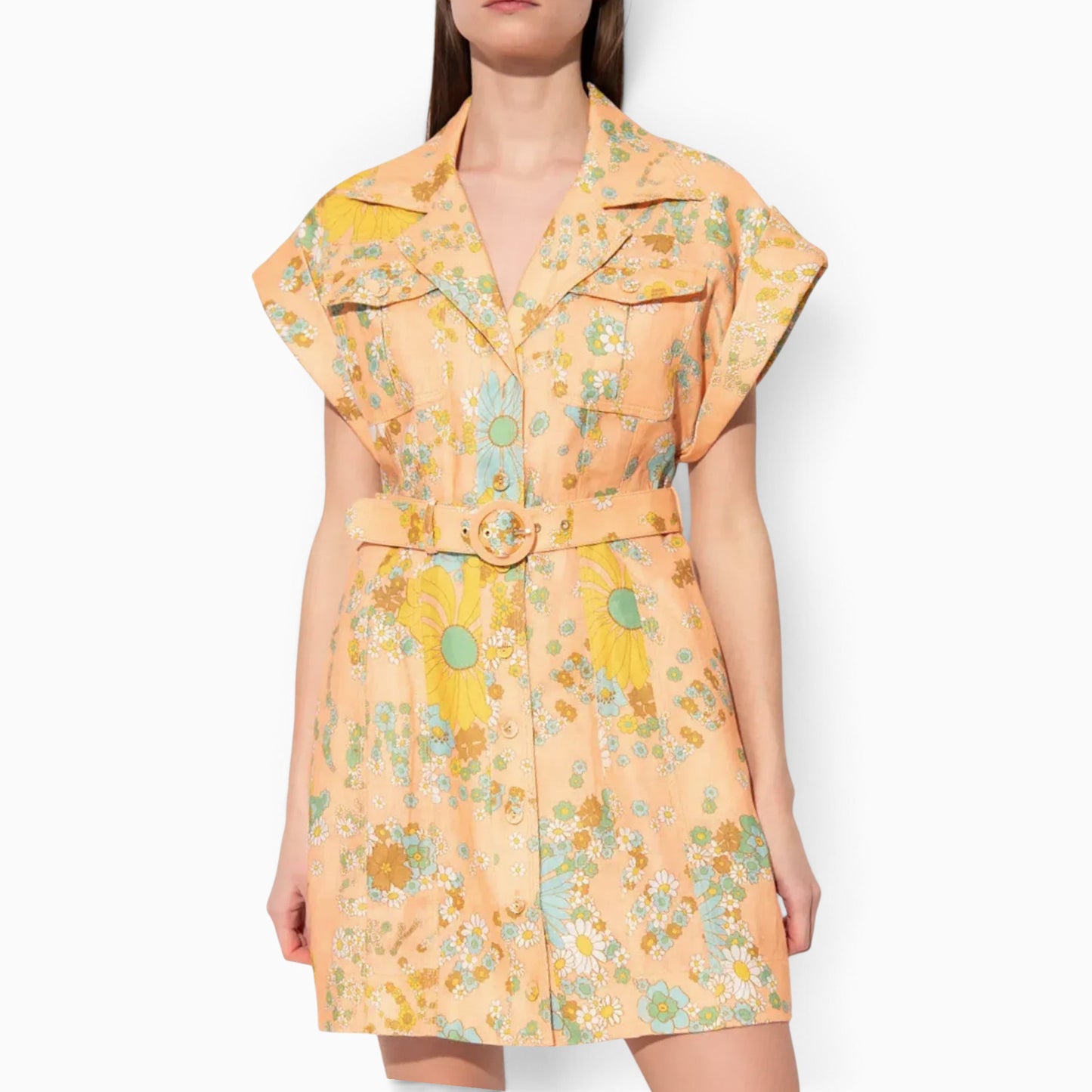 Zimmermann Lola Roll Cuff Peach Floral Linen Mini Dress 3 ~ AU12-14